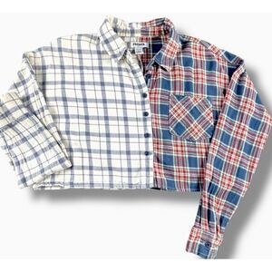 RSQ Plaid Cropped Shirt Womens Small Patchwork Button Front Long Sleeve Stylish